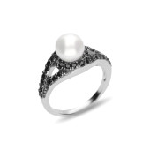Inel argint cu perla naturala alba si cristale negre DiAmanti R-1018-AS